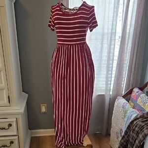 Burgundy and White Striped Short-Sleeve Maxi Dress